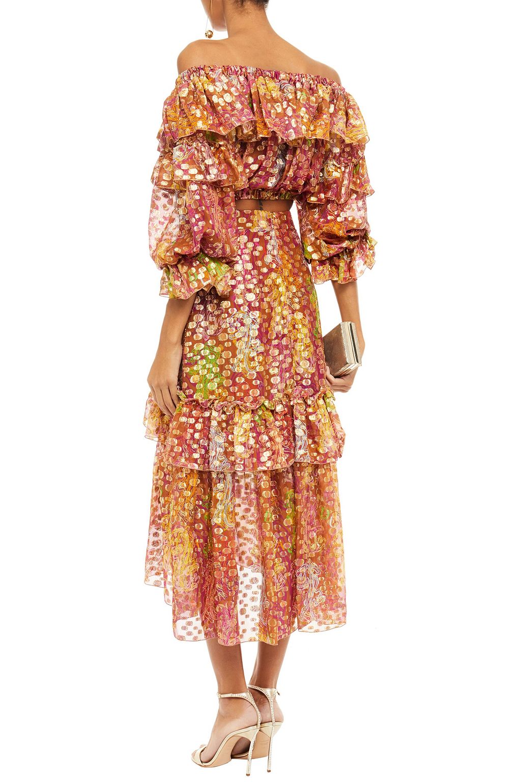 DUNDAS Tiered metallic fil coupé printed silk-blend midi skirt