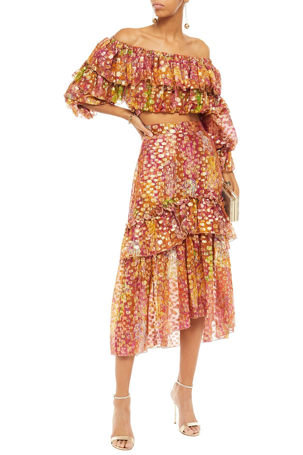 DUNDAS Tiered metallic fil coupé printed silk-blend midi skirt