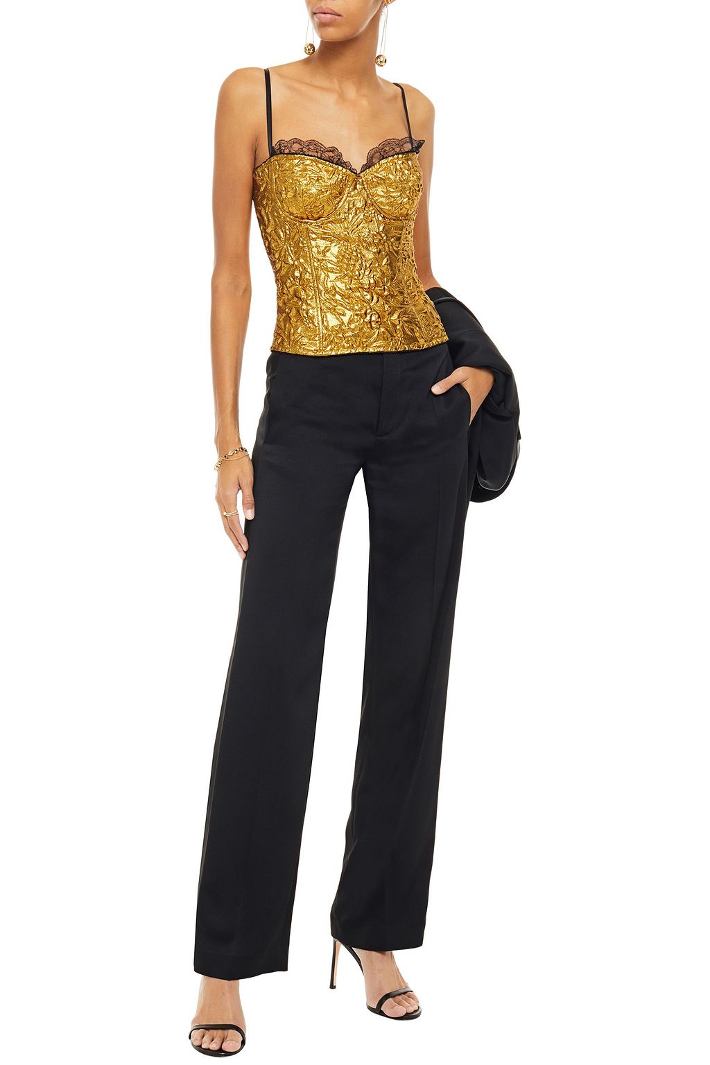 DUNDAS Lace-trimmed metallic brocade bustier top