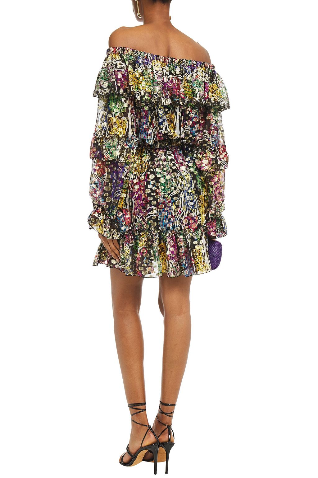 DUNDAS Off-the-shoulder metallic fil coupé printed silk-blend mini dress