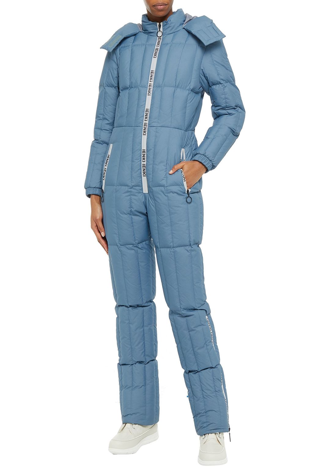IENKI IENKI Belted logo-print quilted shell hooded down jumpsuit