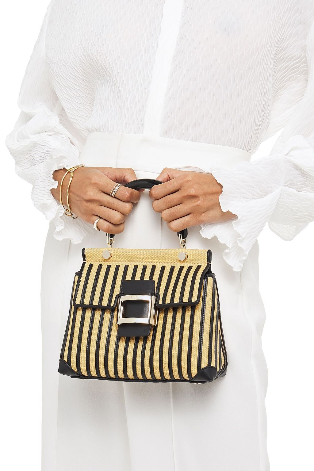 ROGER VIVIER Viv Cabas mini leather-trimmed raffia shoulder bag