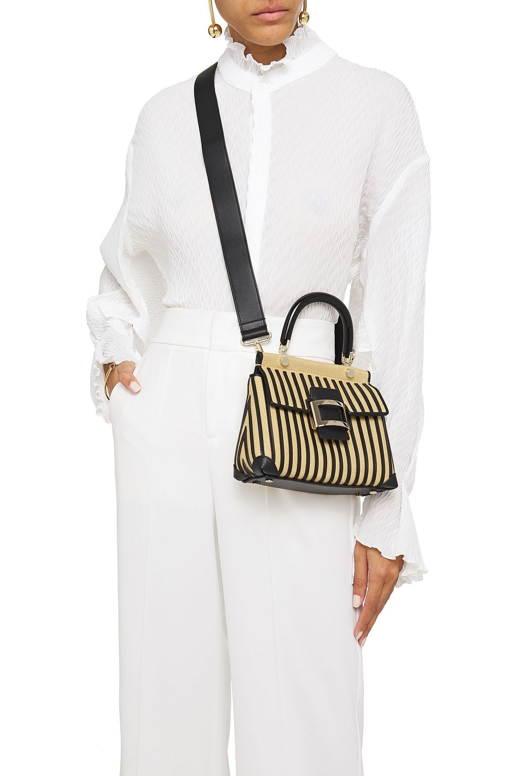 ROGER VIVIER Viv Cabas mini leather-trimmed raffia shoulder bag
