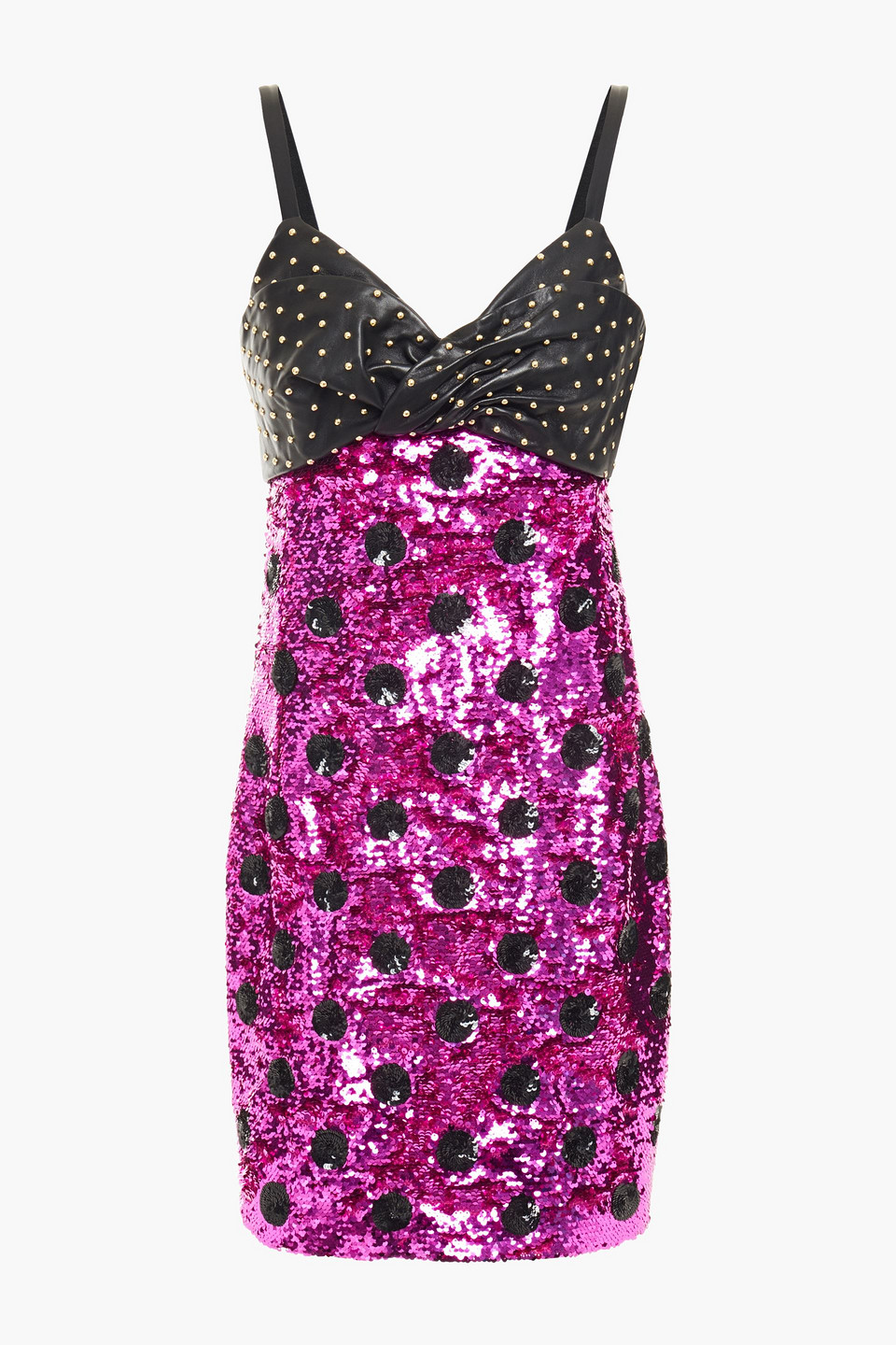 DUNDAS STUDDED LEATHER AND POLKA-DOT SEQUINED TULLE MINI DRESS