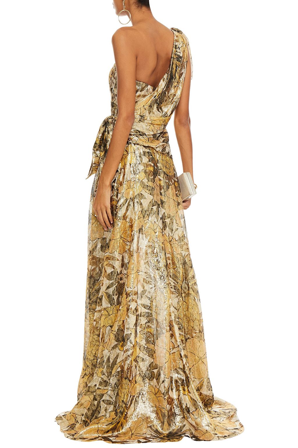 DUNDAS One-shoulder draped floral-print silk-blend lamé gown