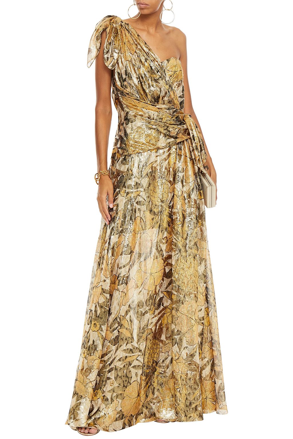 DUNDAS One-shoulder draped floral-print silk-blend lamé gown
