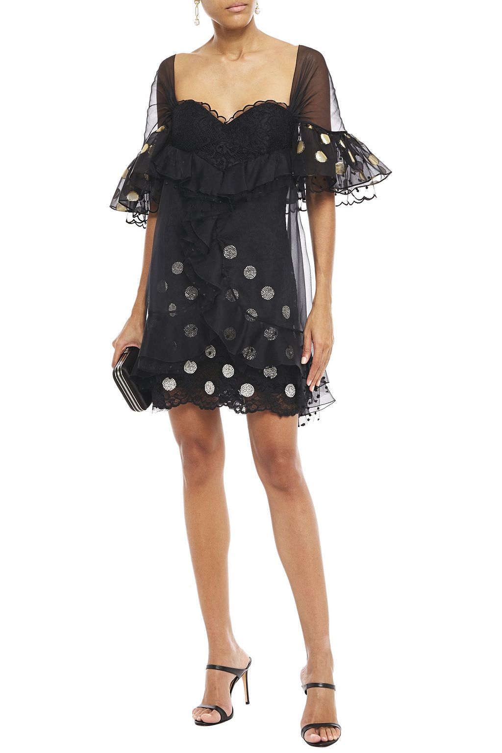 DUNDAS Embellished metallic fil coupé chiffon, point d'esprit and corded lace mini dress