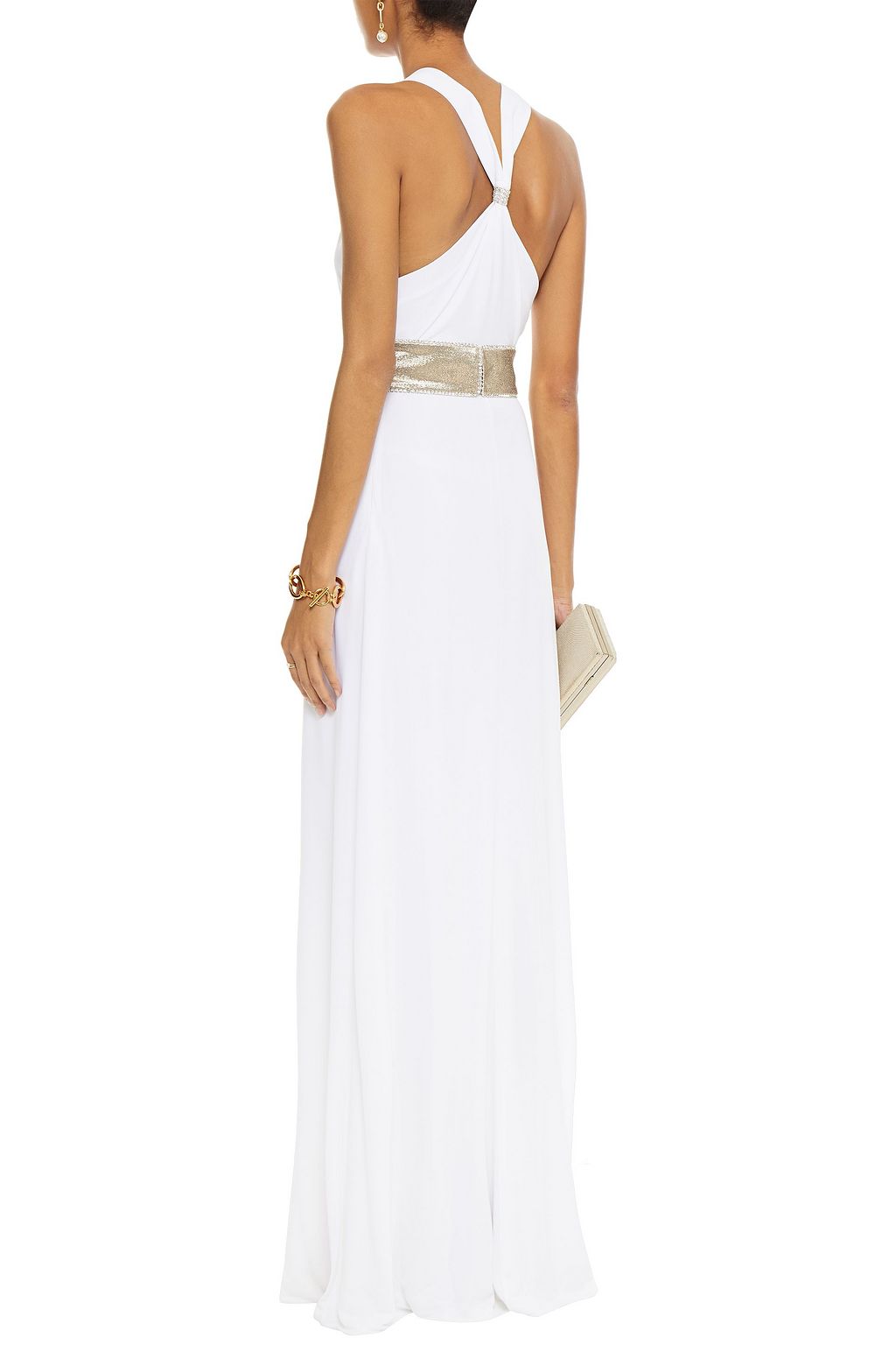 DUNDAS Crystal-embellished lamé-trimmed crepe gown