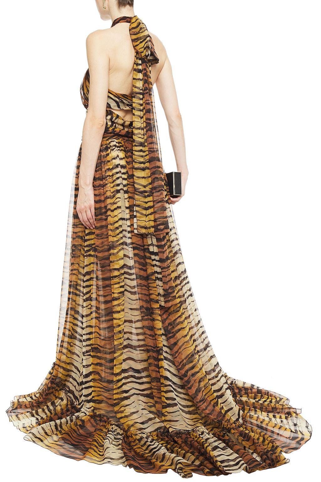 DUNDAS Cutout tiger-print silk-chiffon halterneck gown