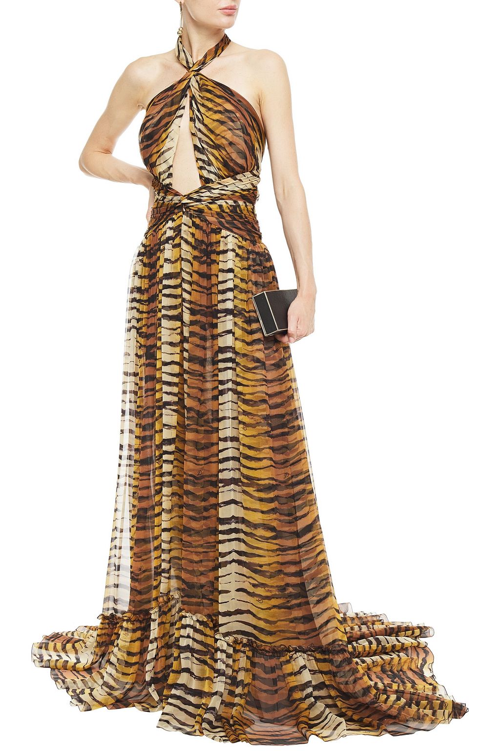 DUNDAS Cutout tiger-print silk-chiffon halterneck gown