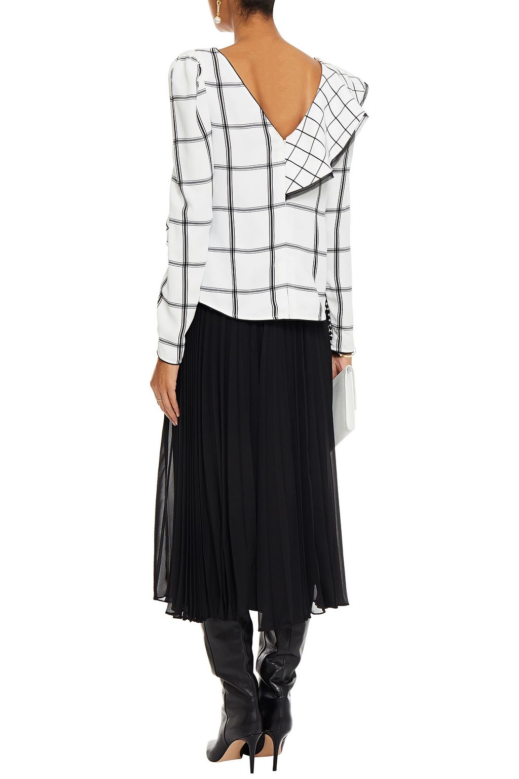 SELF-PORTRAIT Ruffled checked jacquard top