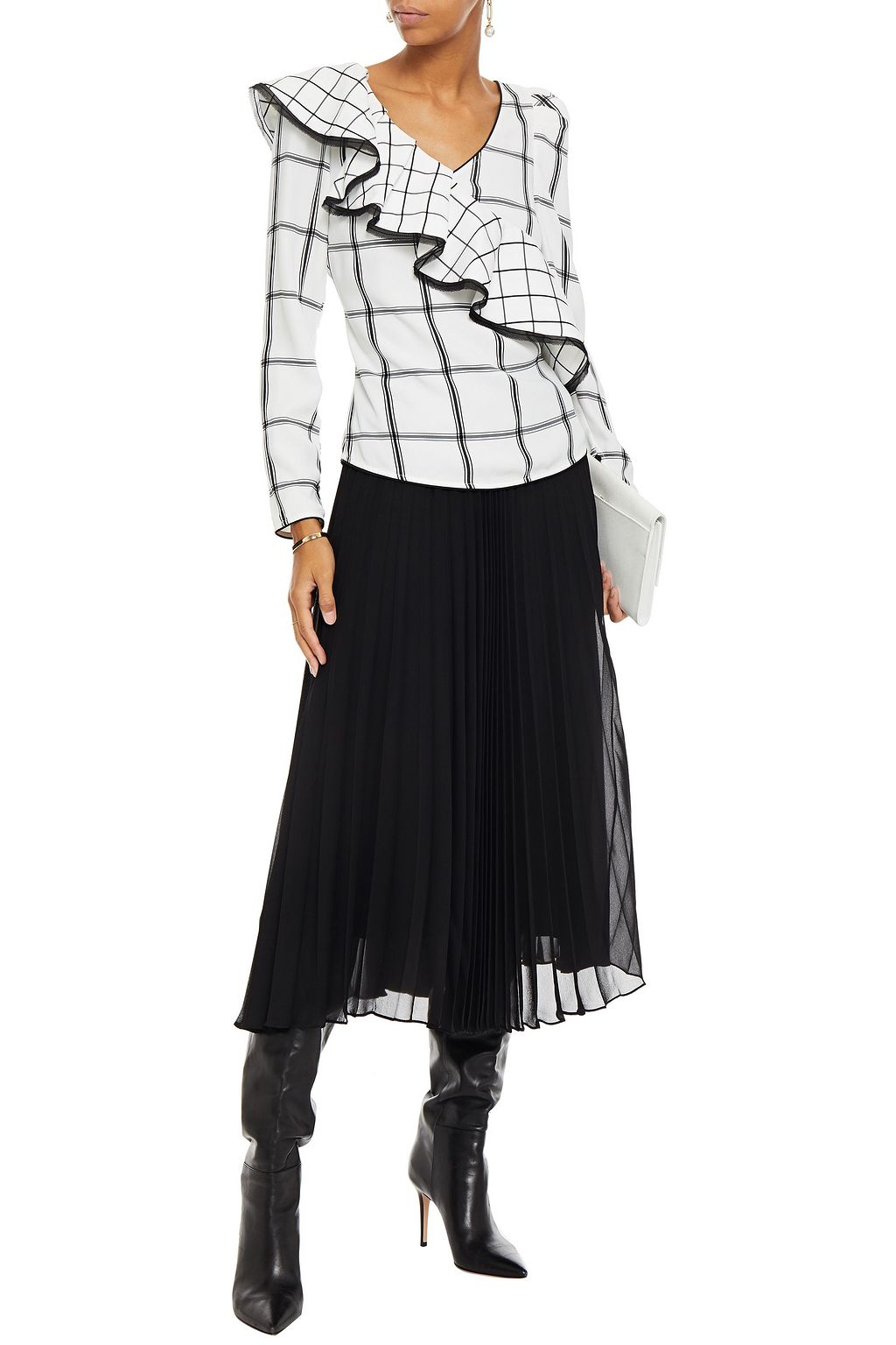 SELF-PORTRAIT Ruffled checked jacquard top