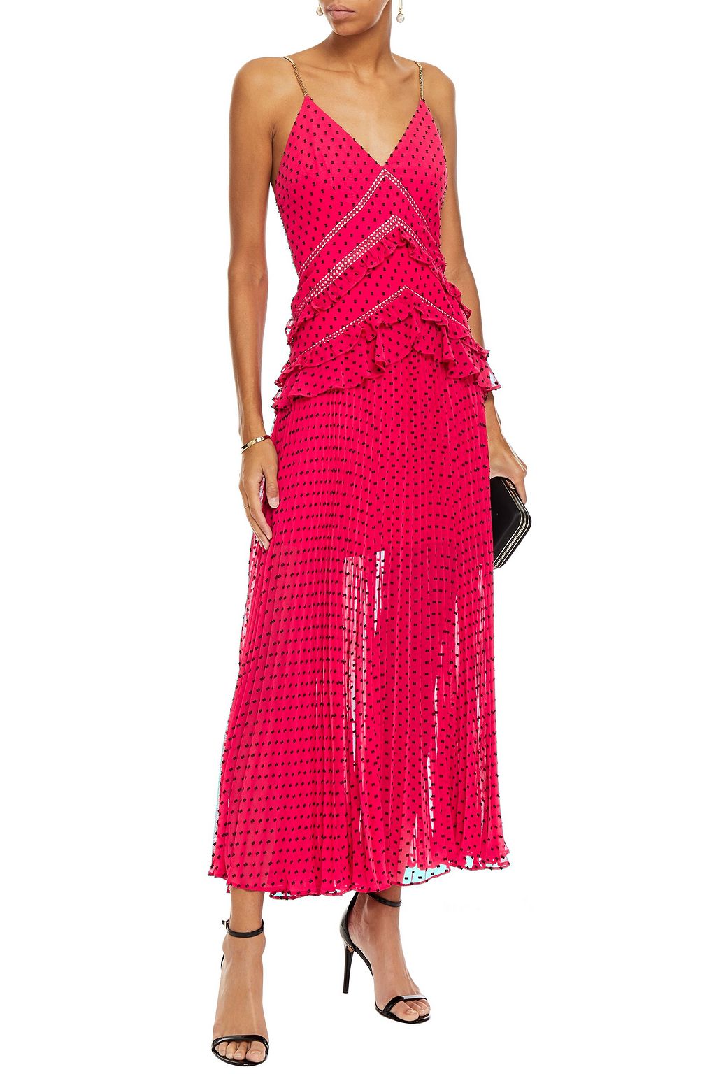 SELF-PORTRAIT Crochet-trimmed ruffled fil coupé georgette maxi dress