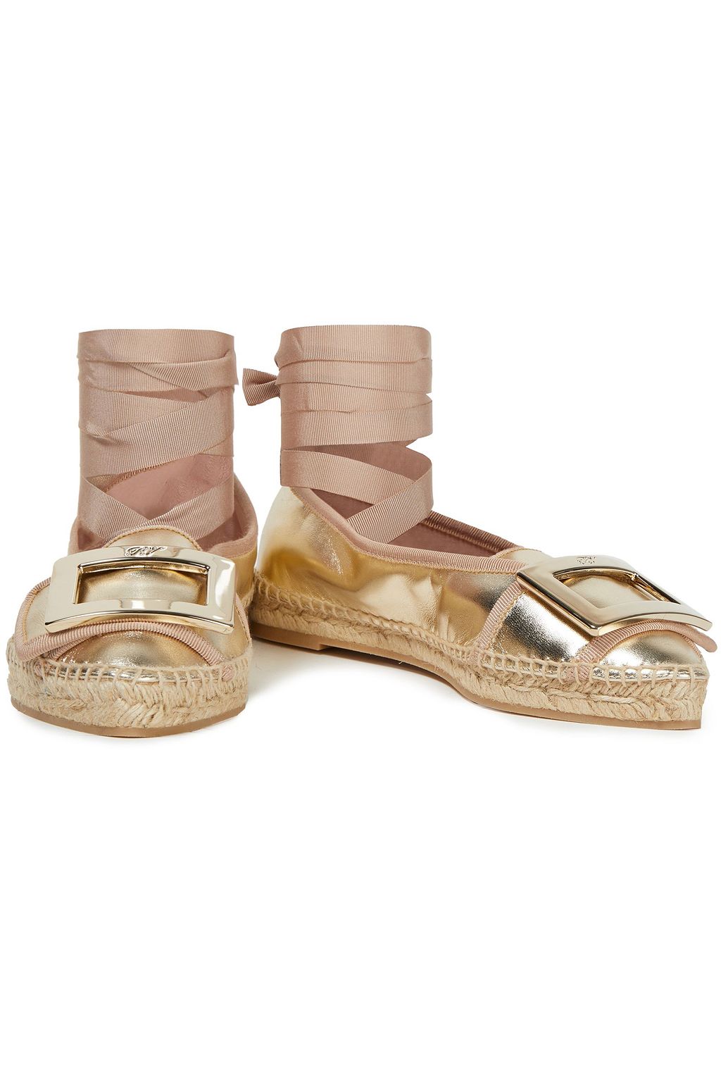 ROGER VIVIER Grosgrain-trimmed metallic leather espadrilles