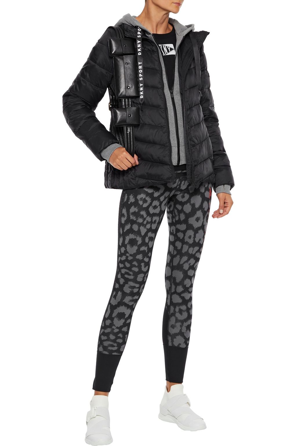 DKNY Layered quilted shell and mélange jersey hooded jacket