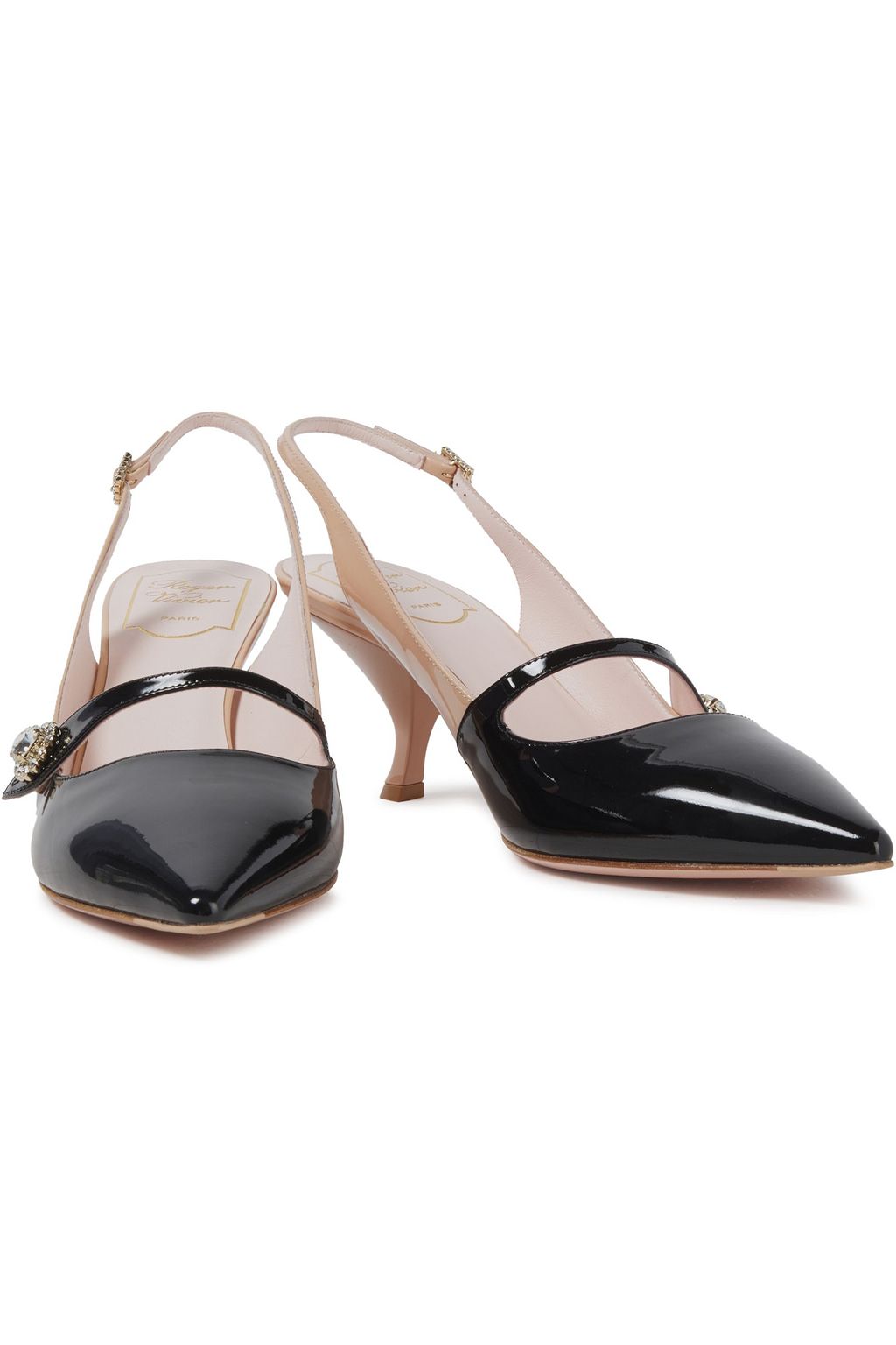ROGER VIVIER Crystal-embellished two-tone patent-leather slingback pumps