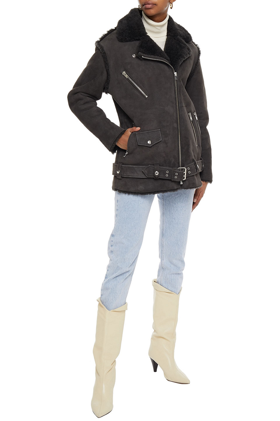 Iro Comody Shearling Biker Jacket In Dark Gray