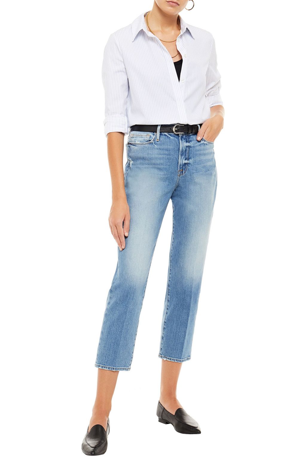 FRAME Cropped distressed high-rise straight-leg jeans