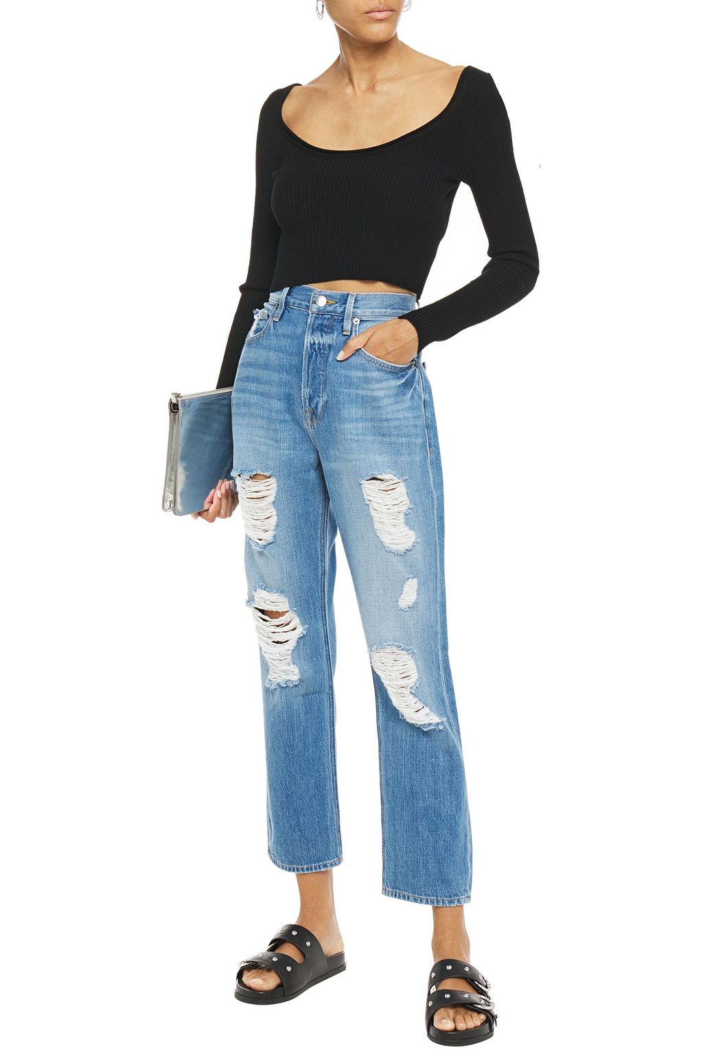 FRAME Heritage Original distressed high-rise straight-leg jeans