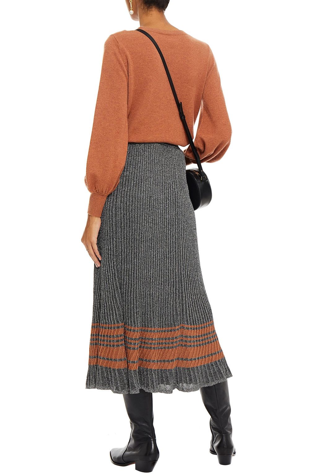 SANDRO Striped metallic ribbed-knit midi skirt