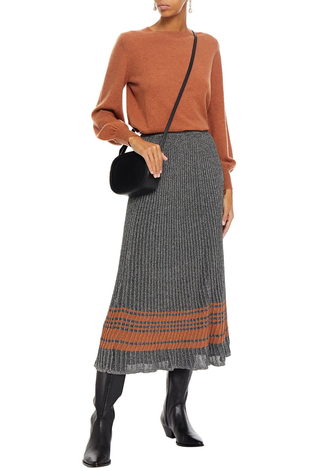 SANDRO Striped metallic ribbed-knit midi skirt