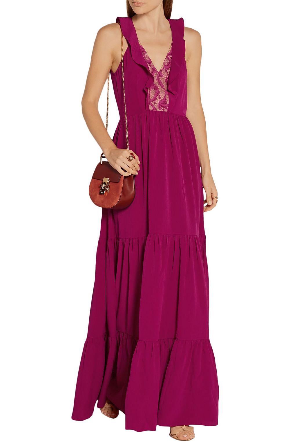 SALONI Suzi tiered corded lace-paneled crinkled-gauze maxi dress