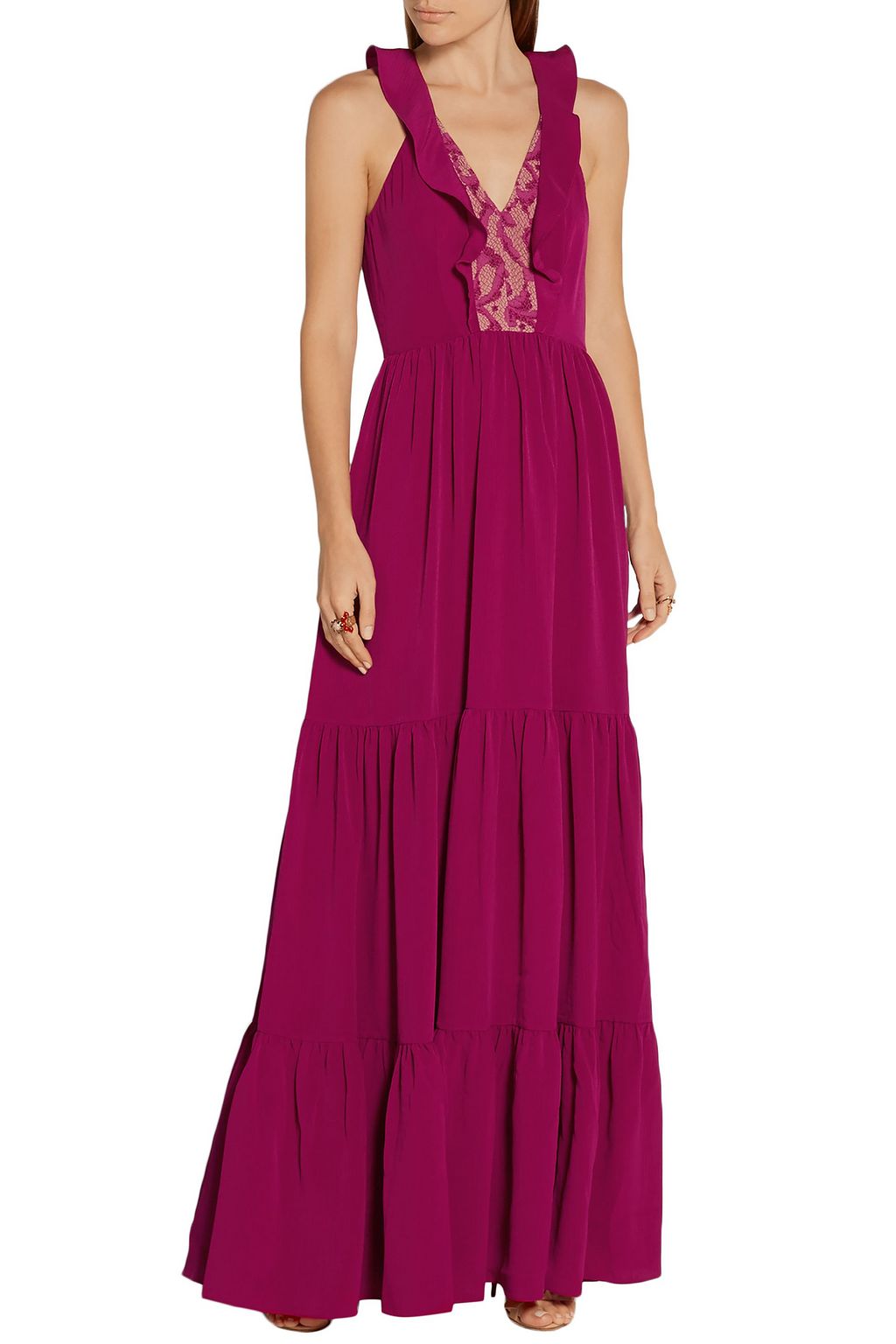 SALONI Suzi tiered corded lace-paneled crinkled-gauze maxi dress