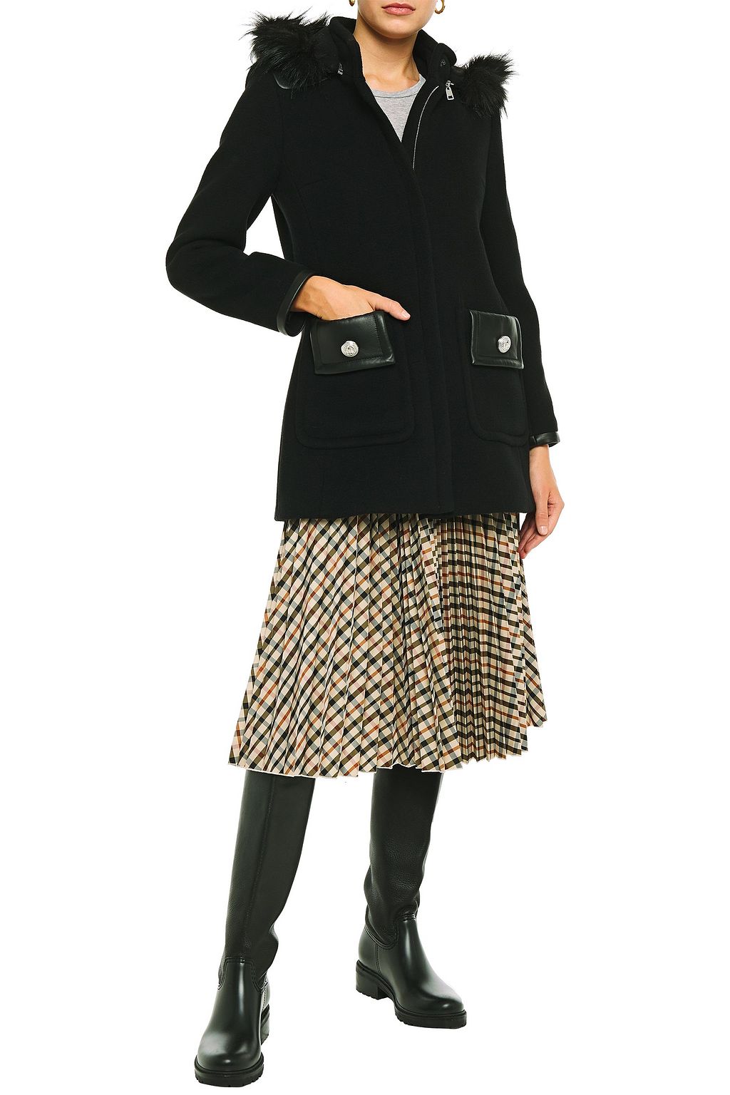 CLAUDIE PIERLOT Leather-trimmed wool-blend felt hooded coat