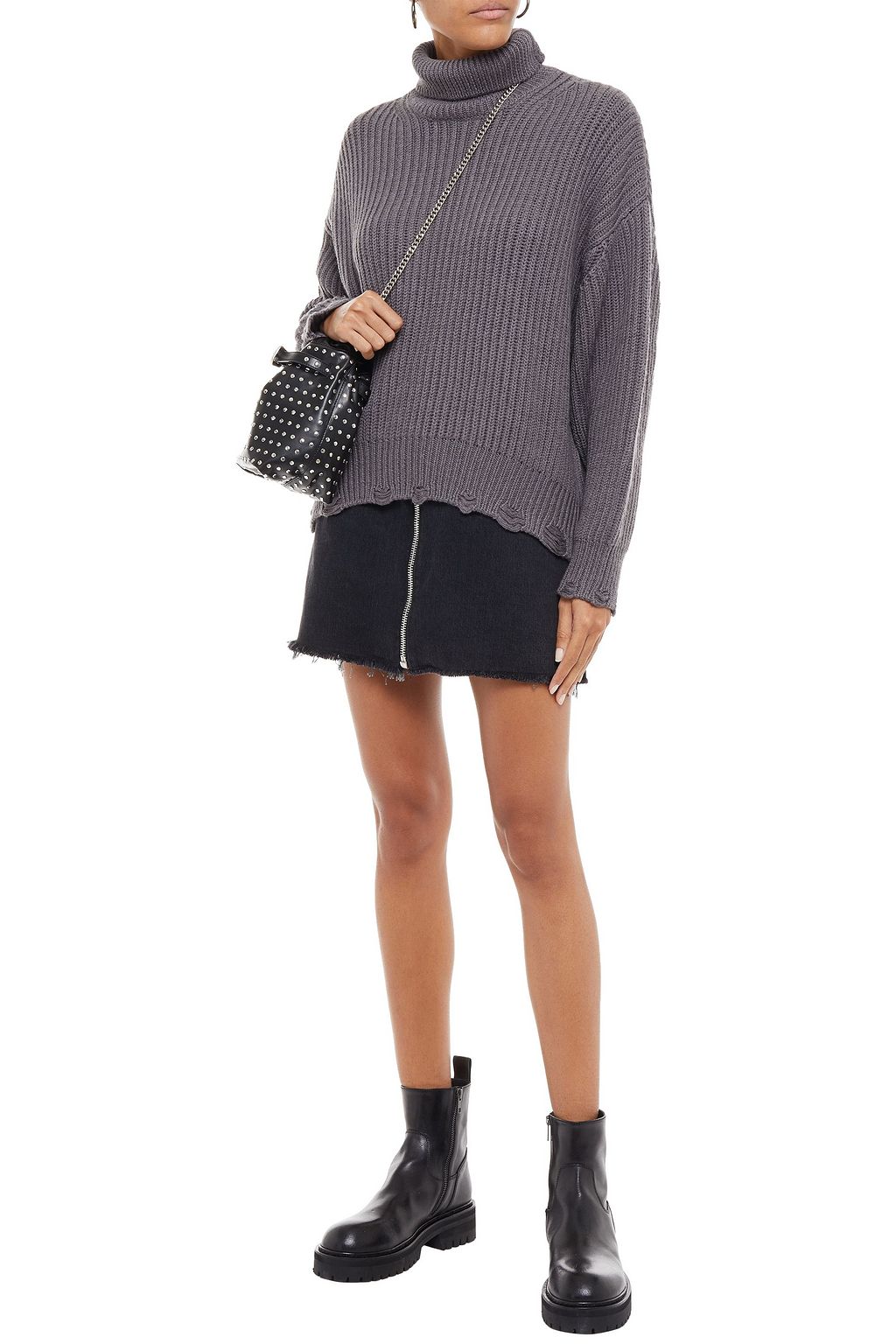 IRO Distressed ribbed merino wool turtleneck sweater