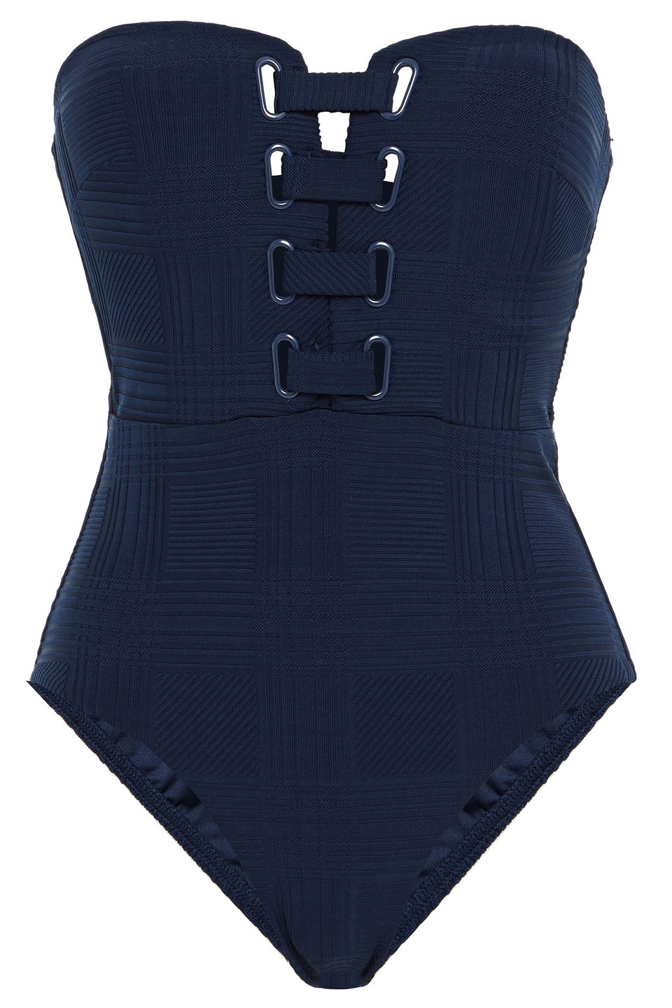 Jets Australia By Jessika Allen Woman Lace-up Stretch-jacquard Bandeau Swimsuit Navy Size 10