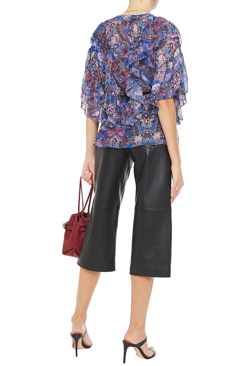 IRO Pasco lace-up ruffled printed georgette peplum blouse