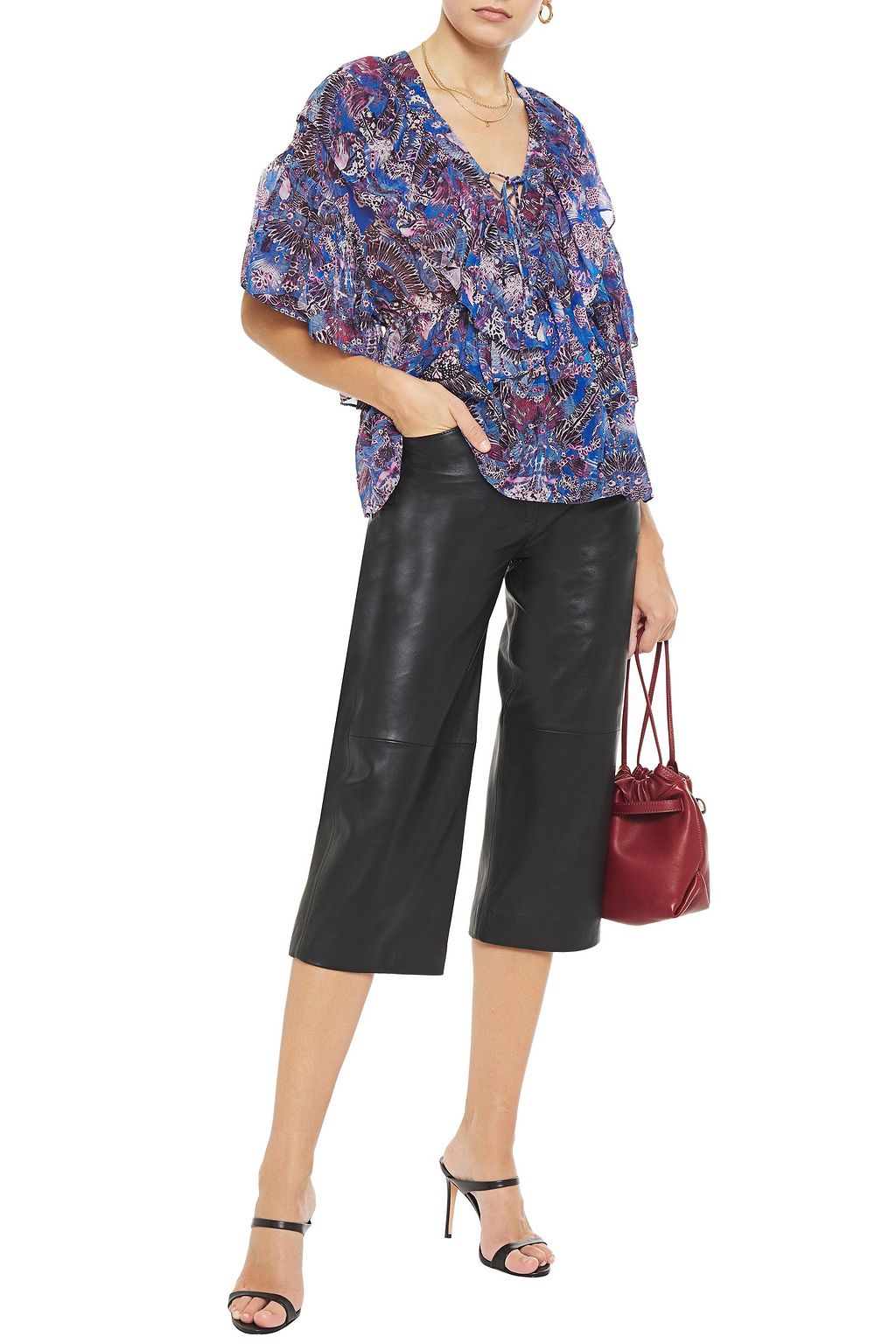IRO Pasco lace-up ruffled printed georgette peplum blouse