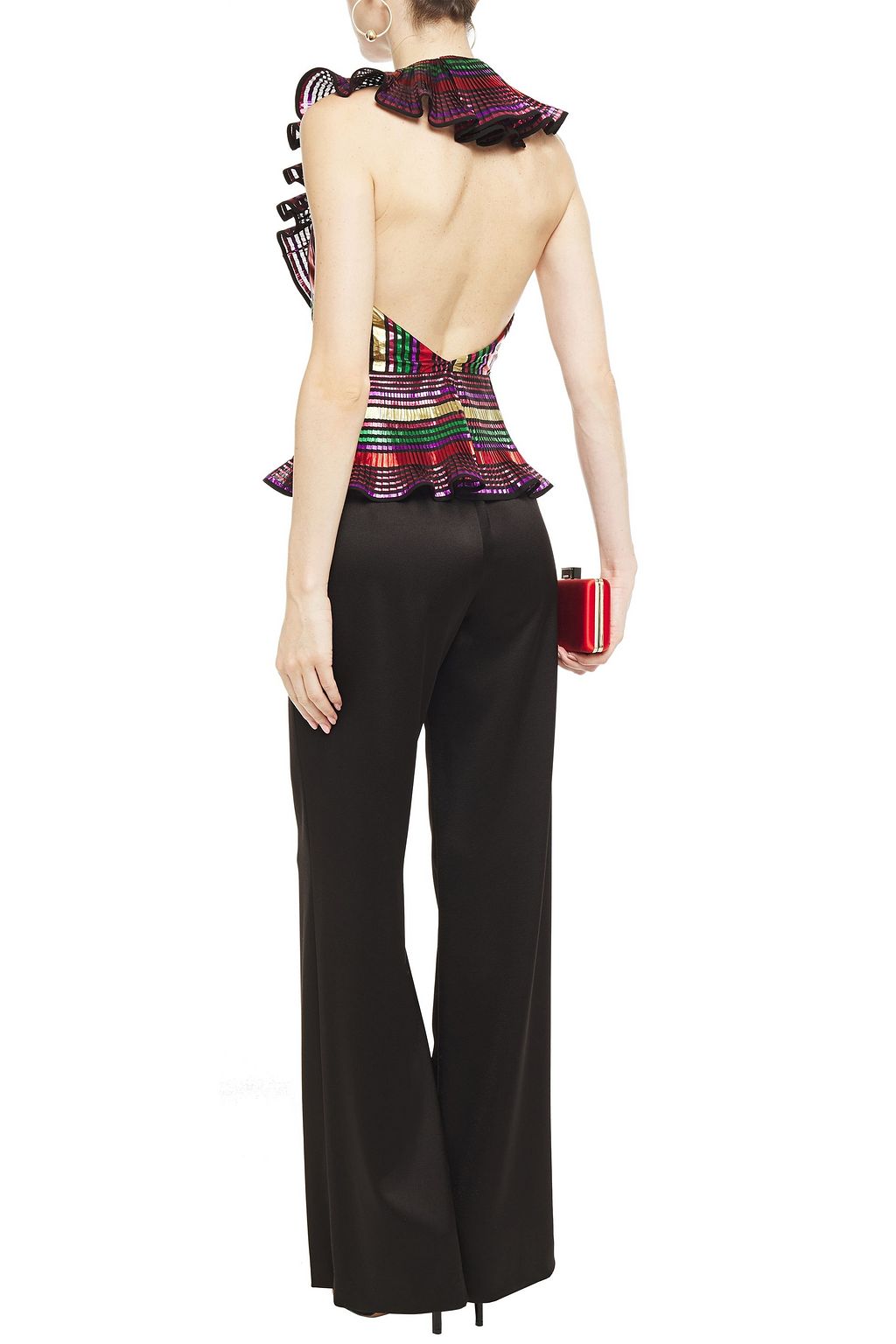 DUNDAS Open-back ruffled metallic striped taffeta top