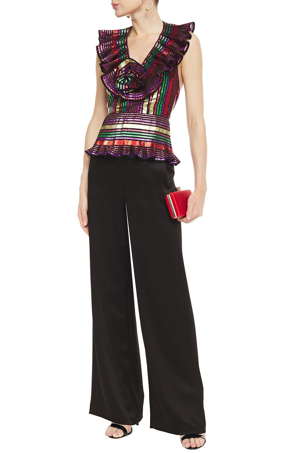 DUNDAS Open-back ruffled metallic striped taffeta top
