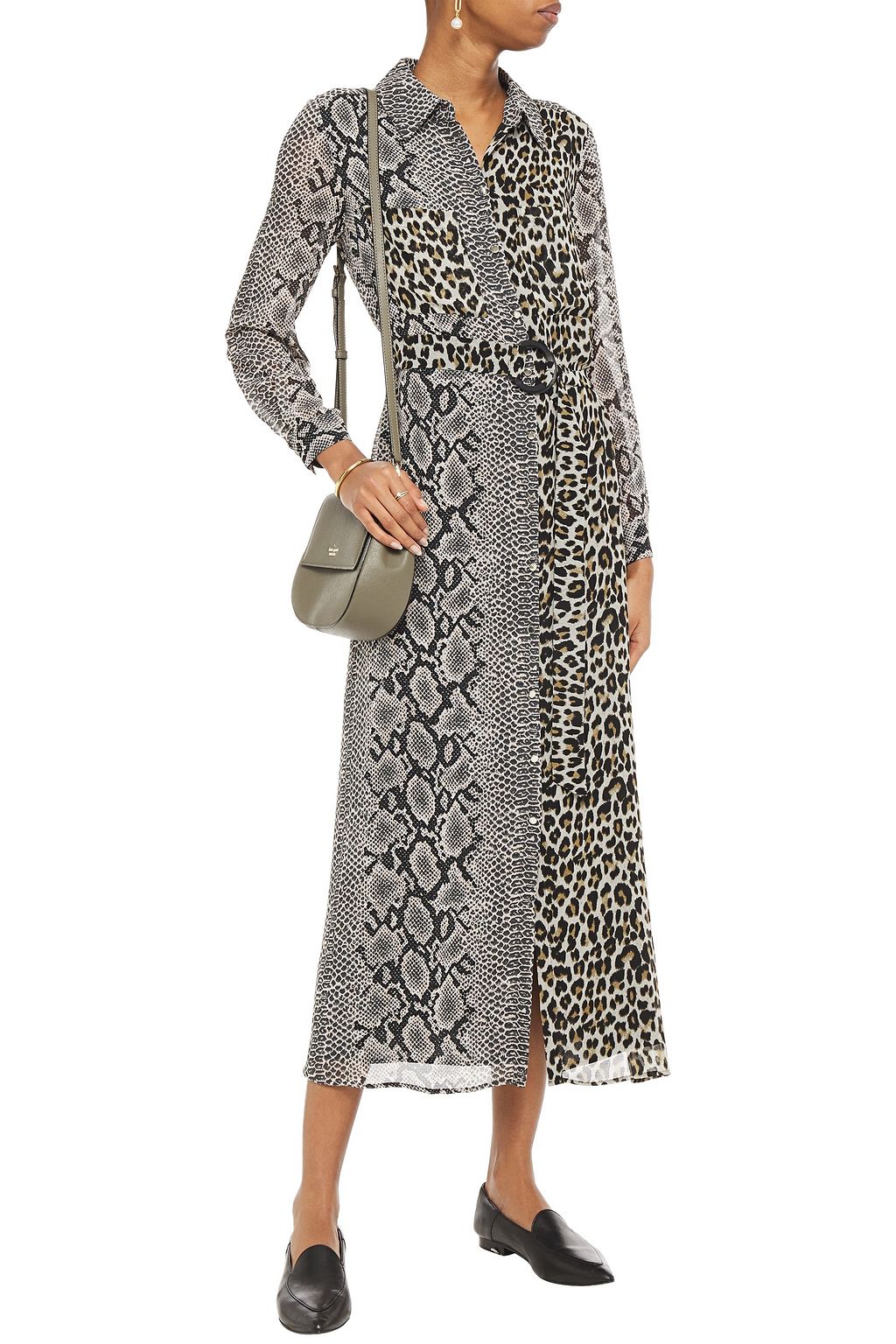 CLAUDIE PIERLOT Belted patchwork-effect printed georgette midi shirt dress