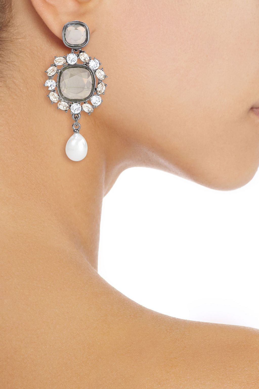 OSCAR DE LA RENTA Gunmetal-tone, crystal and pearl earrings