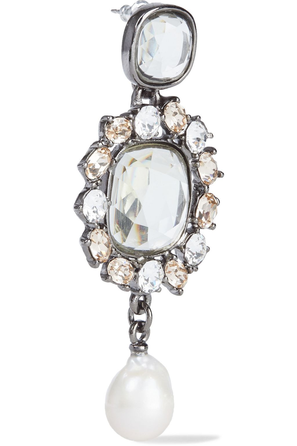 OSCAR DE LA RENTA Gunmetal-tone, crystal and pearl earrings