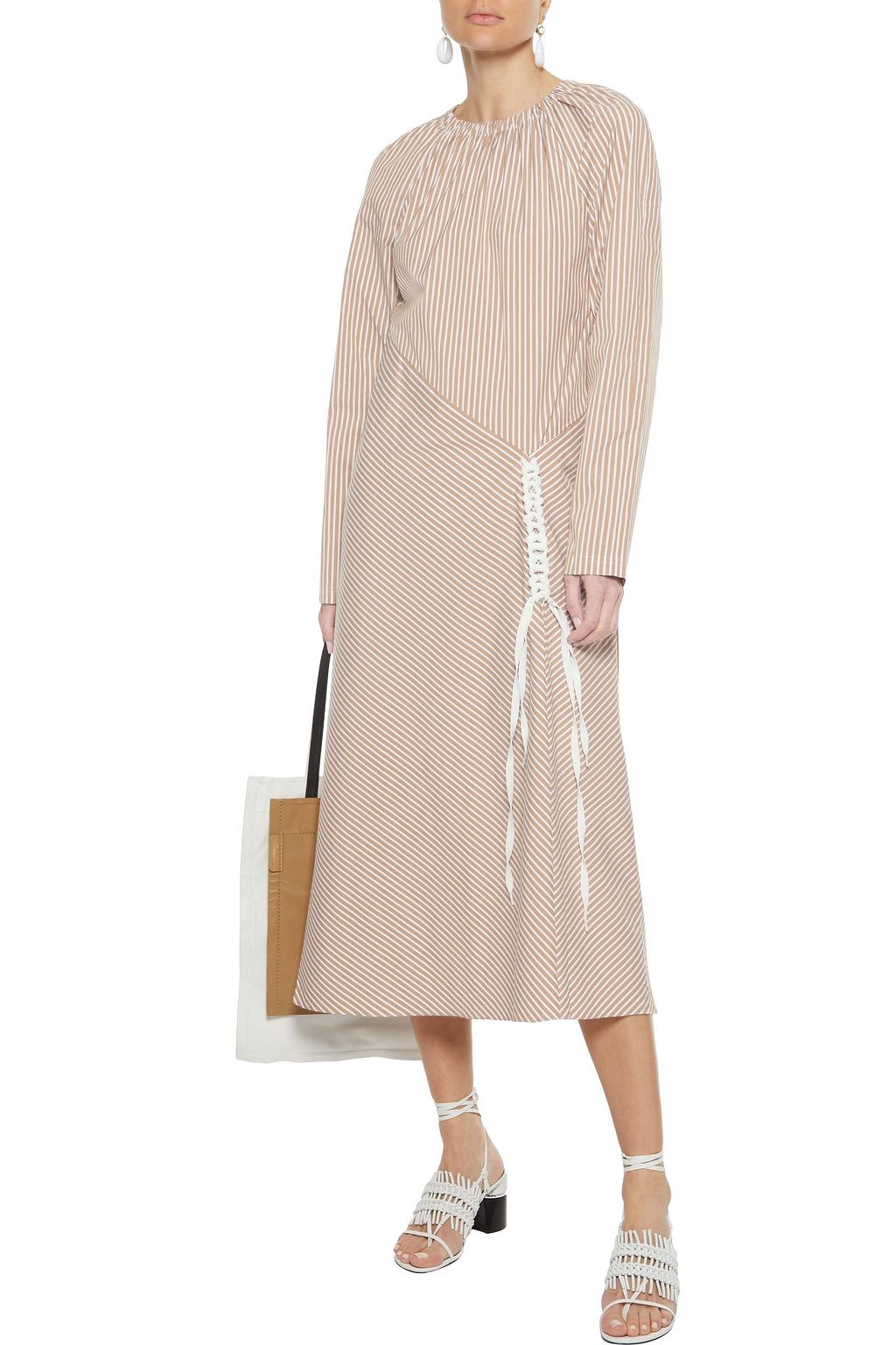 TIBI Kaia braid-trimmed striped cotton-blend poplin midi dress