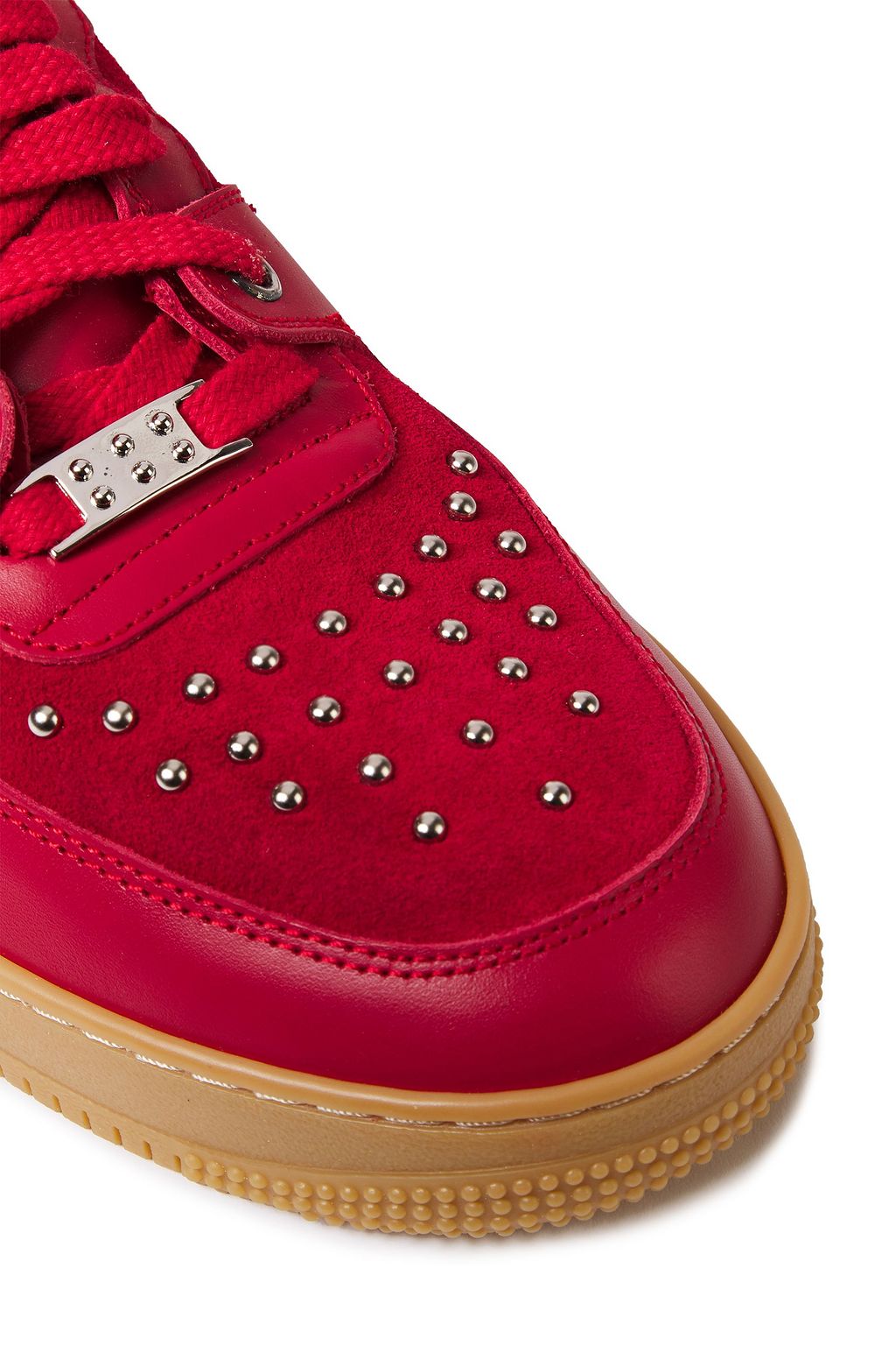 REDVALENTINO Glam Slam leather and studded suede high-top sneakers