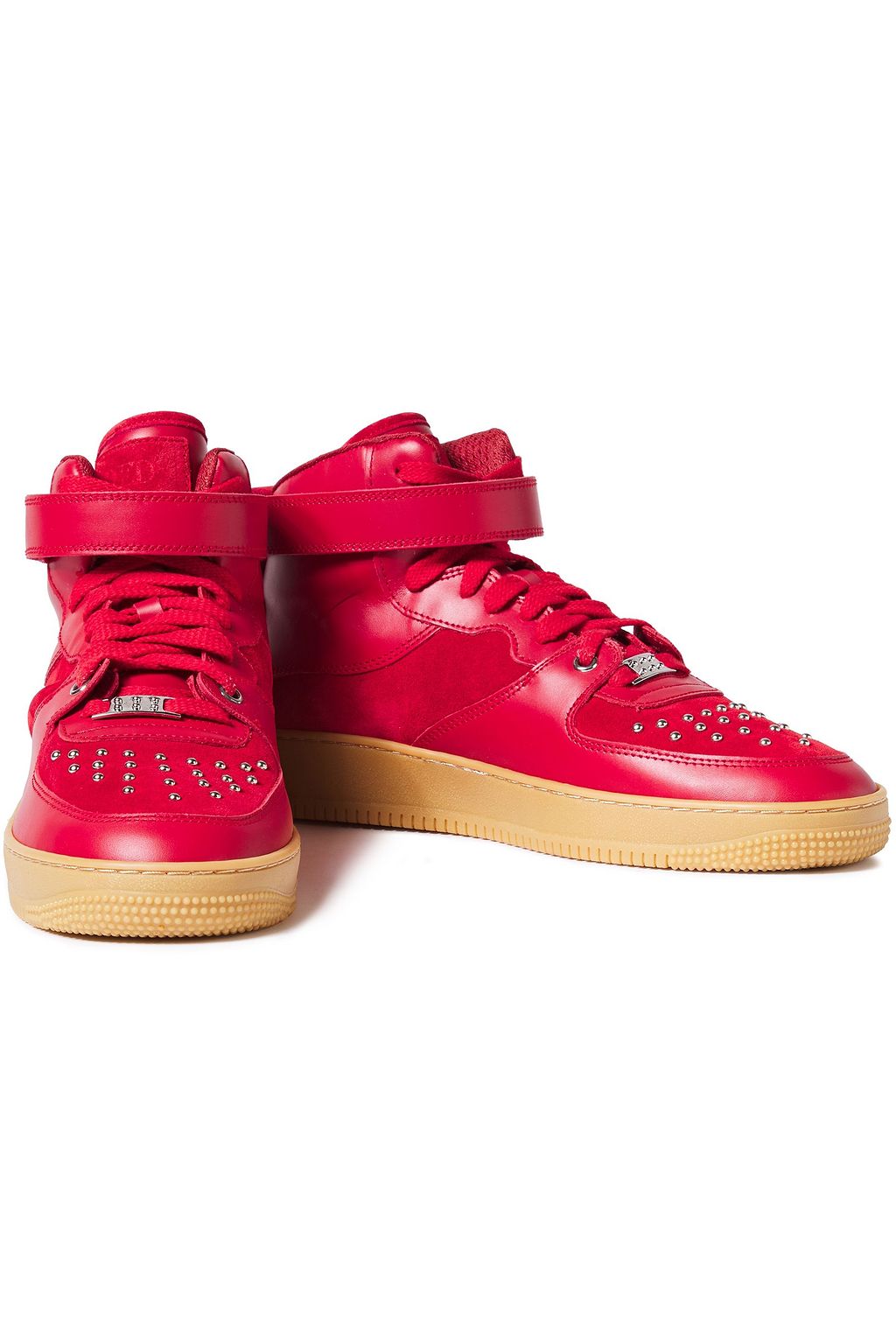 REDVALENTINO Glam Slam leather and studded suede high-top sneakers