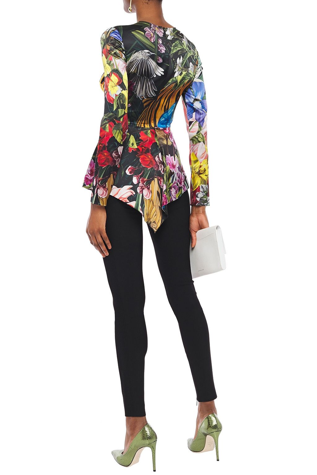 ROBERTO CAVALLI Asymmetric printed stretch-silk satin peplum top