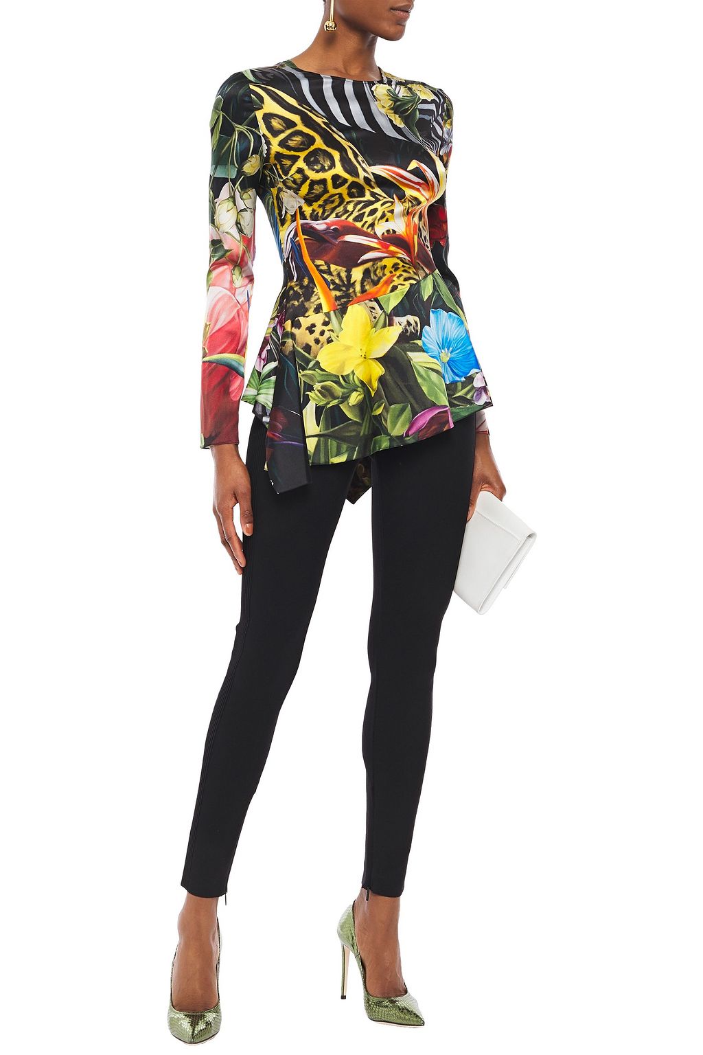 ROBERTO CAVALLI Asymmetric printed stretch-silk satin peplum top