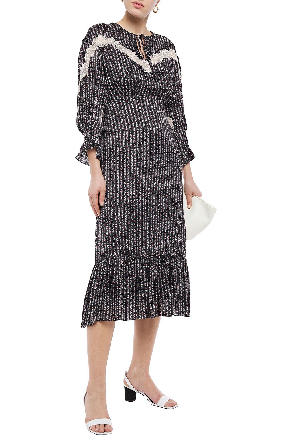 SANDRO Marceau lace-trimmed floral-print satin-jacquard midi dress