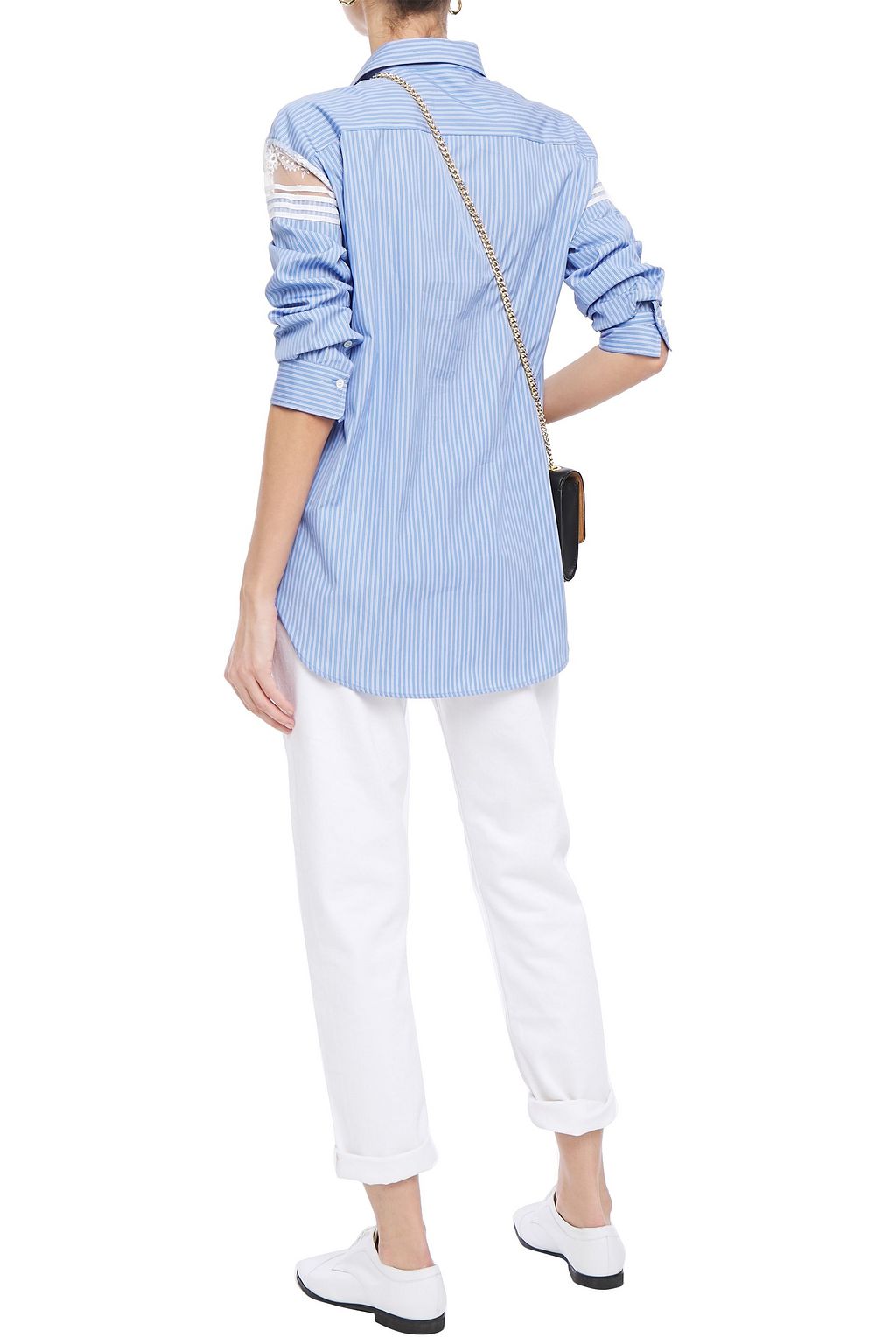 SANDRO Chira embroidered tulle-paneled striped cotton-poplin shirt