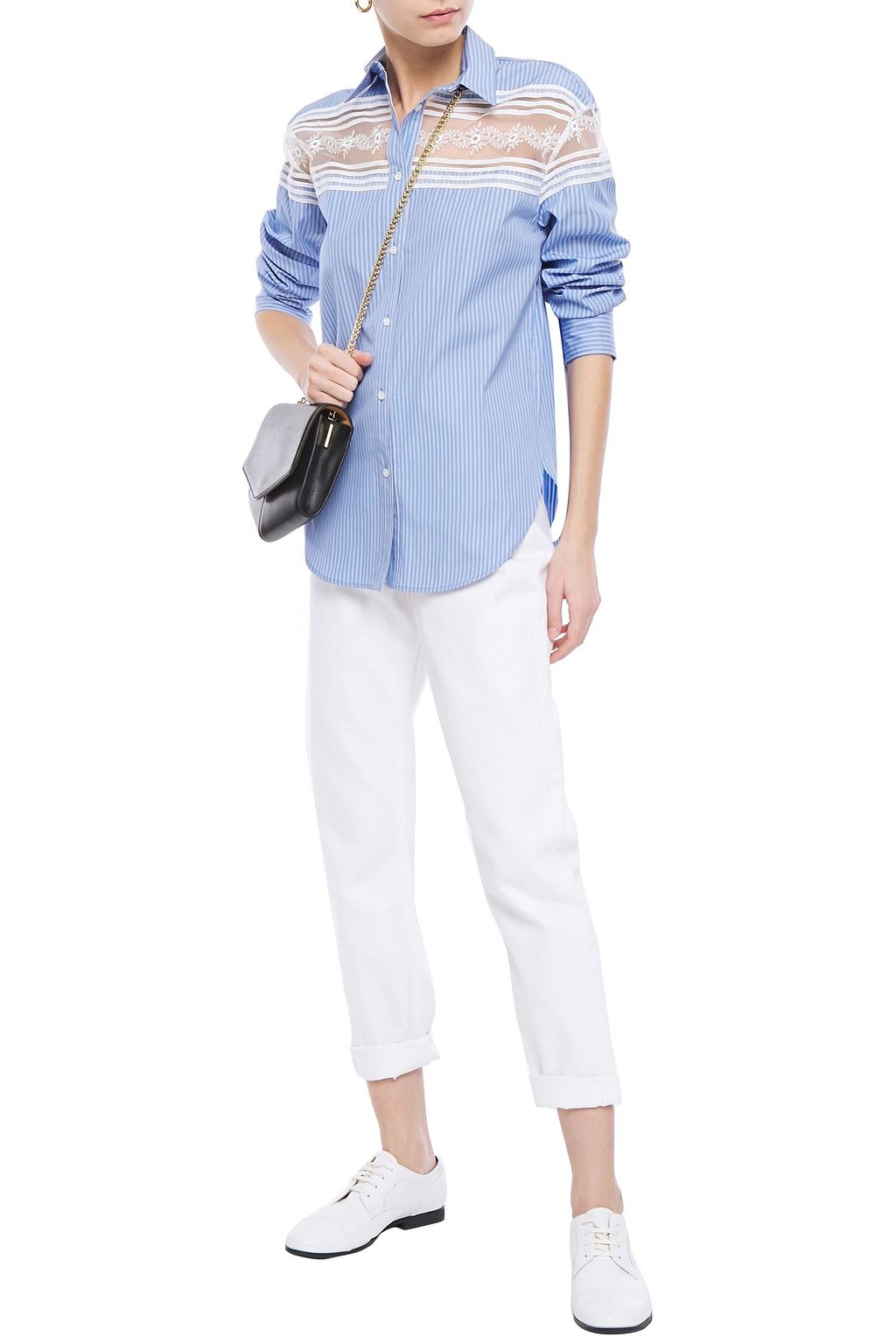 SANDRO Chira embroidered tulle-paneled striped cotton-poplin shirt