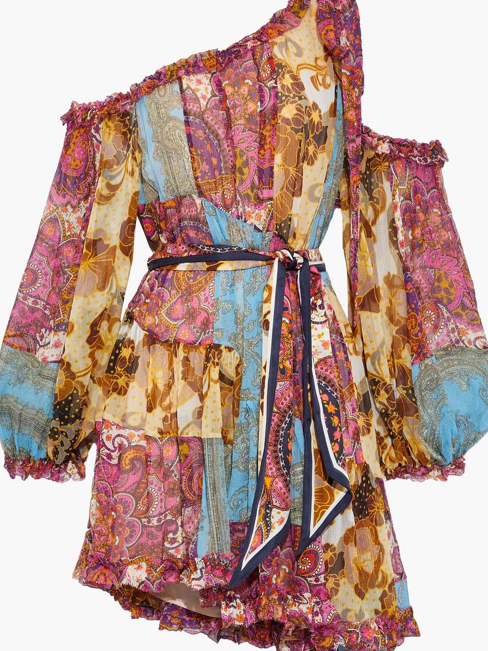 fiesta cold-shoulder printed silk-georgette mini dress