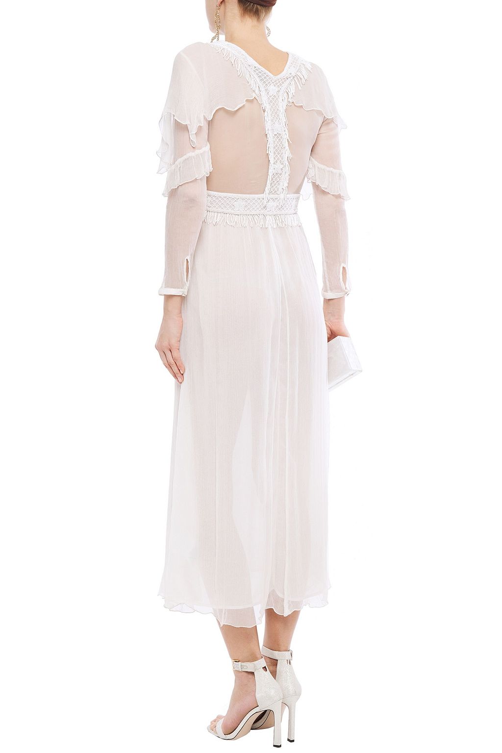 JUST CAVALLI Ruffle-trimmed bead-embellished embroidered crepon midi dress