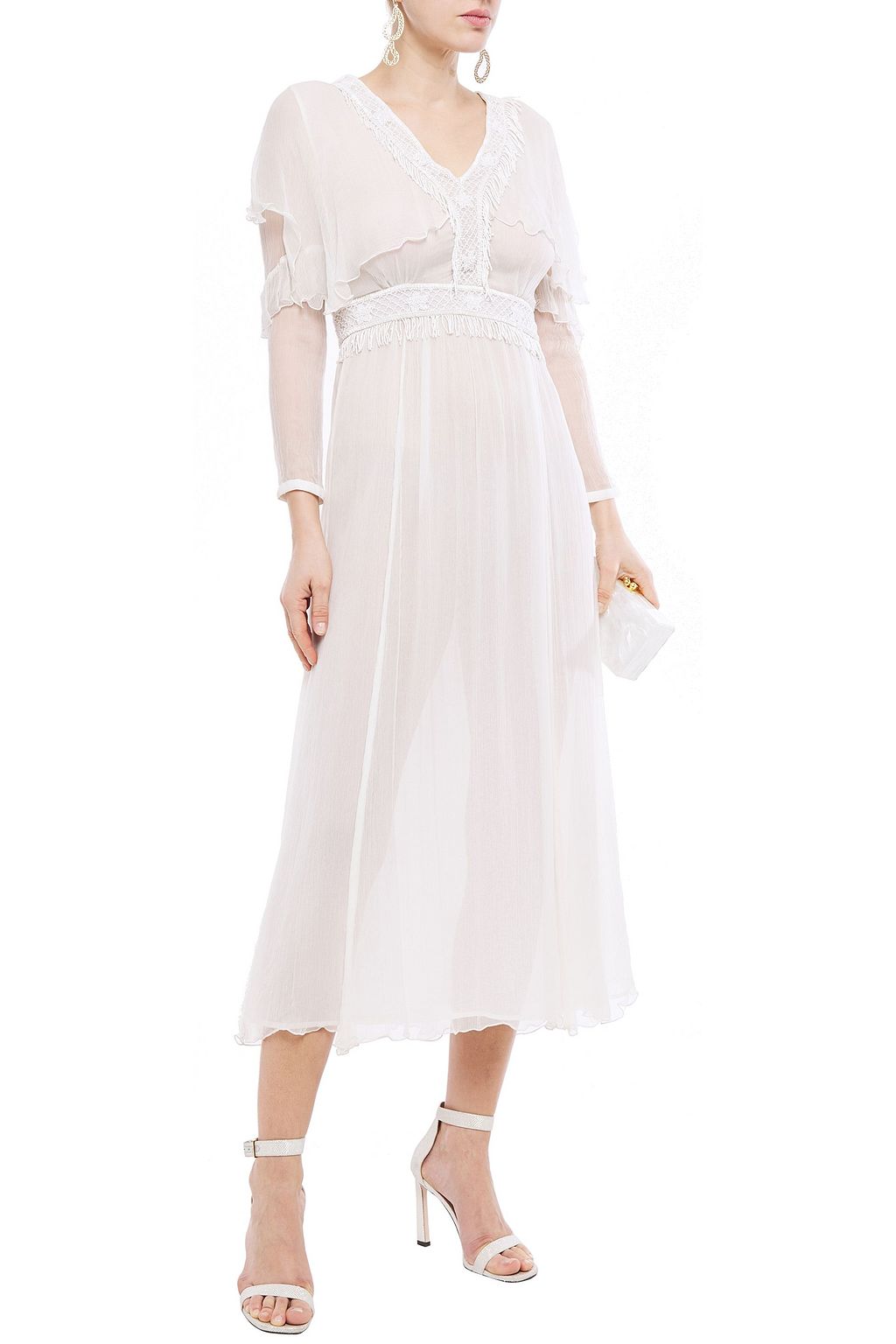 JUST CAVALLI Ruffle-trimmed bead-embellished embroidered crepon midi dress