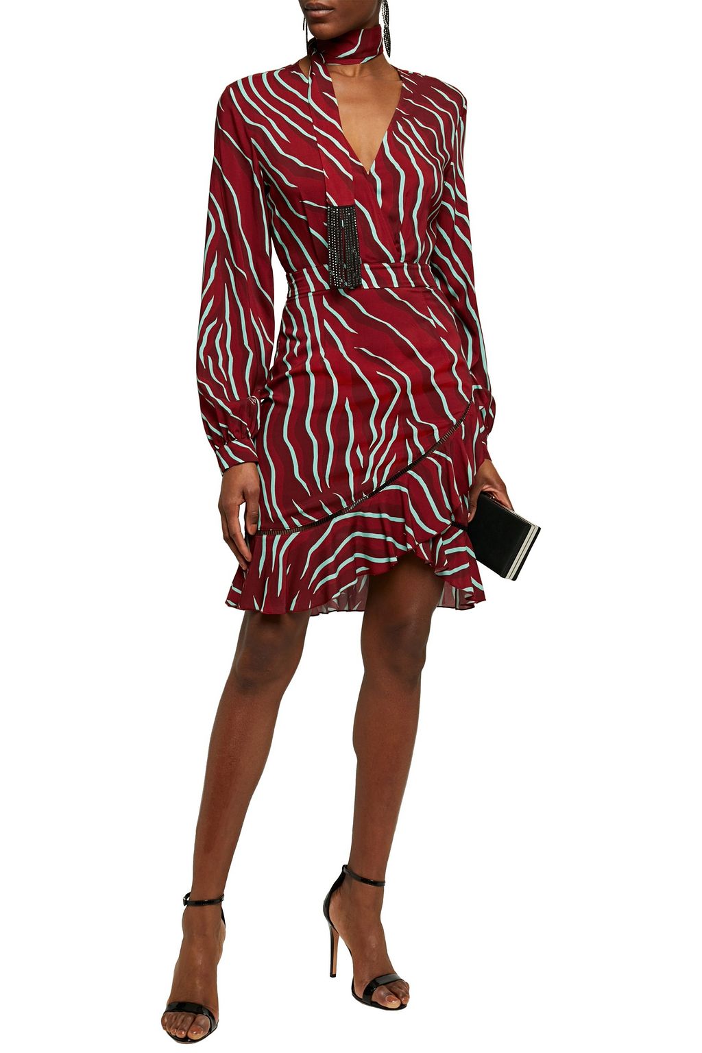 JUST CAVALLI Wrap-effect crystal-embellished zebra-print woven mini dress