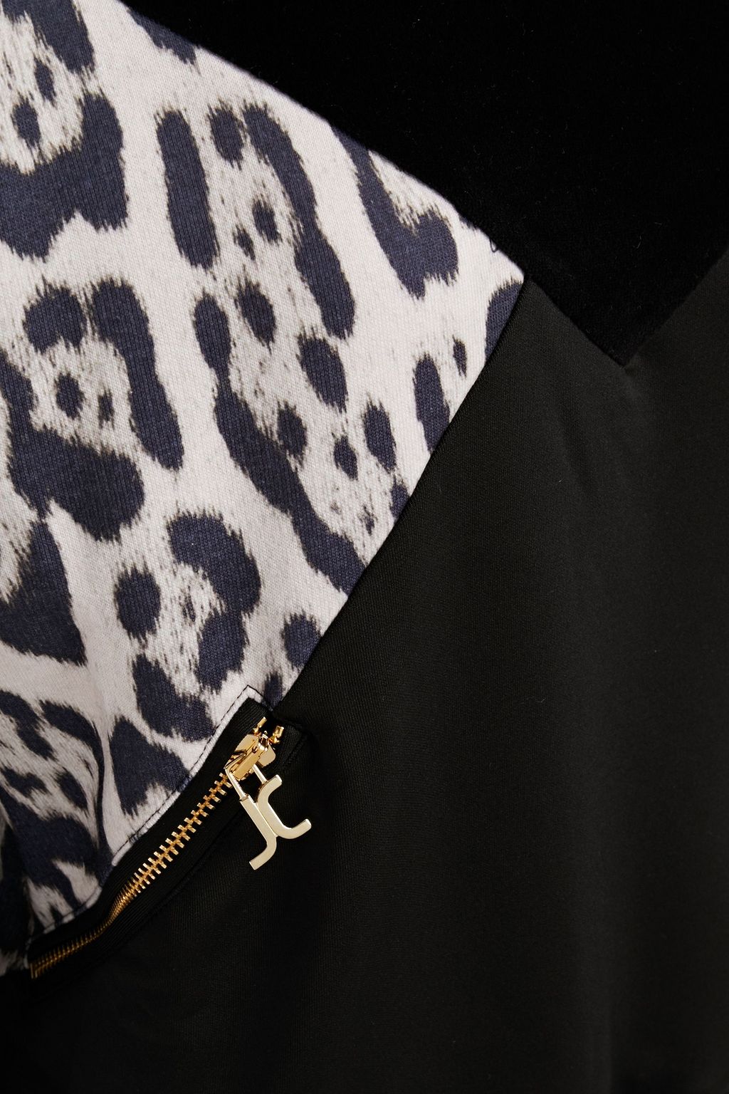 JUST CAVALLI Strap-detailed paneled velvet and leopard-print jersey sweatshirt